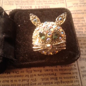 Vintage Aurora Borealis Rhinestone Encrusted Bunny Rabbit Head Brooch with Green Marquise Rhinestone Eyes