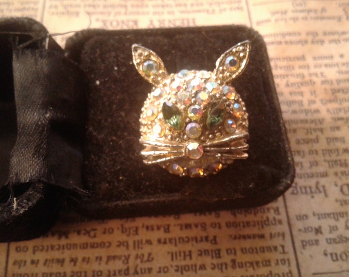 Vintage Aurora Borealis Rhinestone Encrusted Bunny Rabbit Head Brooch with Green Marquise Rhinestone Eyes