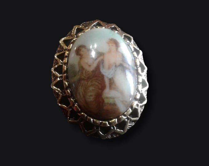 Victorian Revival Oval Brooch with Pastoral Scene of Two Women