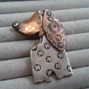 Artisan Hound Dog Pendant in Duotone, Copper and Silvertone, Fork Jewelry, Floral Pattern