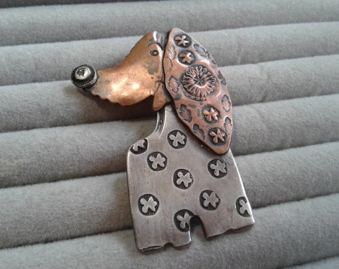 Artisan Hound Dog Pendant in Duotone, Copper and Silvertone, Fork Jewelry, Floral Pattern
