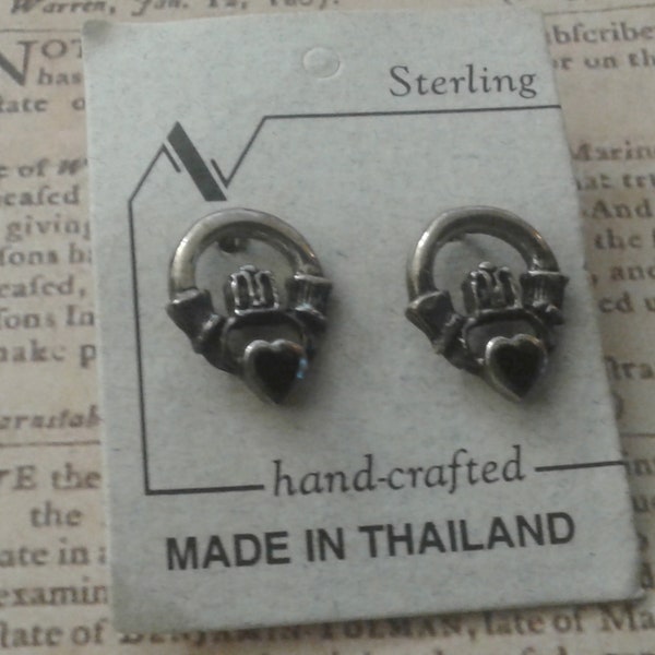 Sterling Silver and Onyx Claddagh Post Earrings on Original Card, Marked Made in Thailand