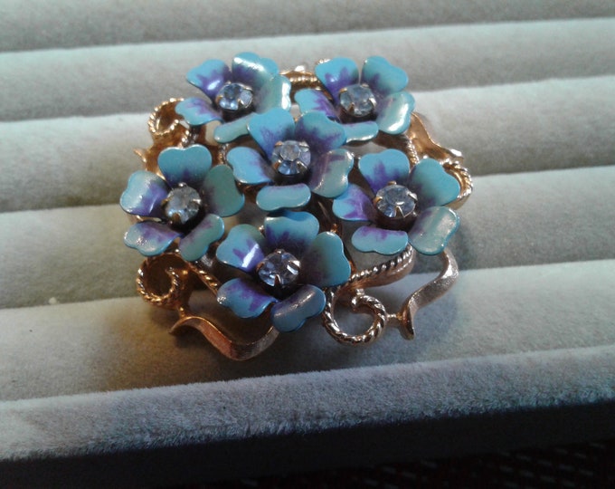 Avon Love Blosssoms Goldtone Filigree, Blue Enamel, and Rhinestone Floral Pin or Earrings, Signed
