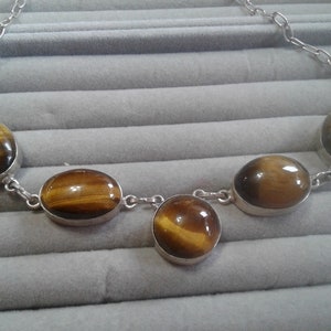 Tiger&#39;s Eye and Likely Alpaca Vintage Artisan Necklace with Five Large Cabochons