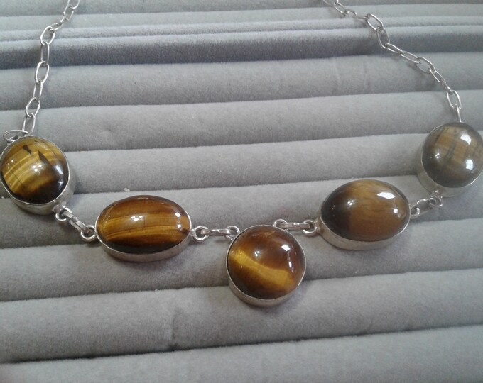 Tiger's Eye and Likely Alpaca Vintage Artisan Necklace with Five Large Cabochons