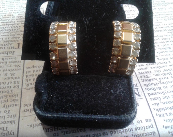 Amerique Goldtone and Rhinestone Curved Clip On Earrings, Geometric Pattern, Signed