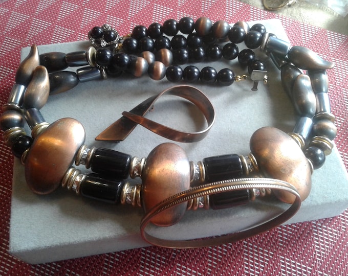 Dramatic Copper Value Bundle, Statement Necklace, Artisan Brooch, and Bangle