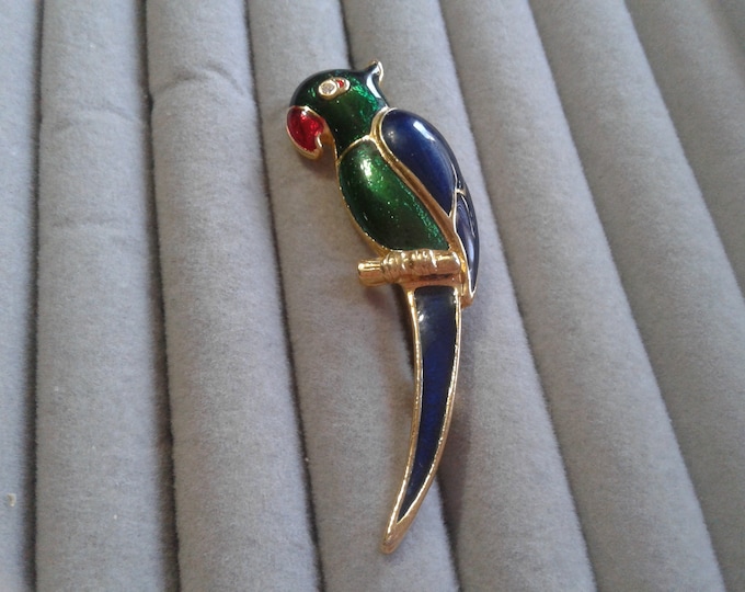 Red and Green Enameled Parrot Pin with Rhinestones