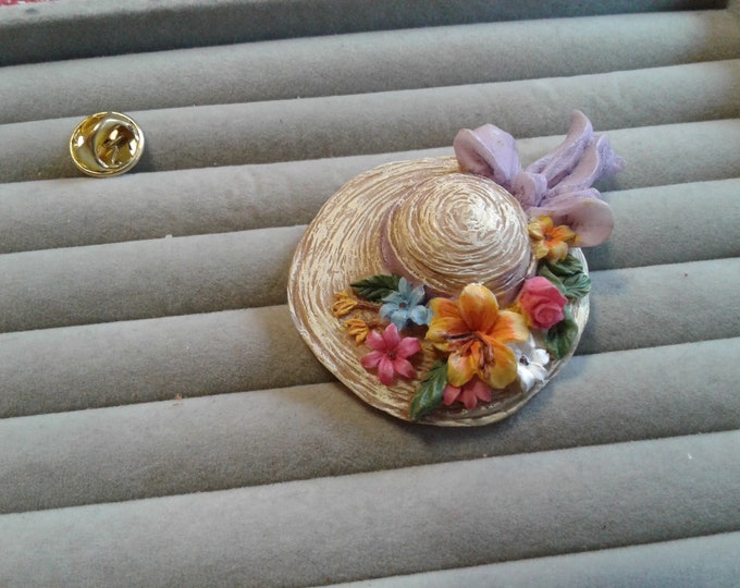 Resin Straw Hat with Bow and Spring Flowers Clutch Back Pin