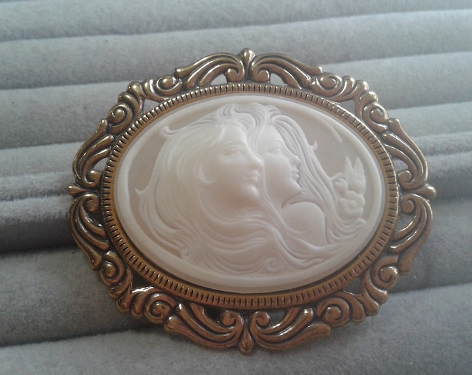 Victorian Revival Faux Cameo Brooch, Two Women in Oval Frame