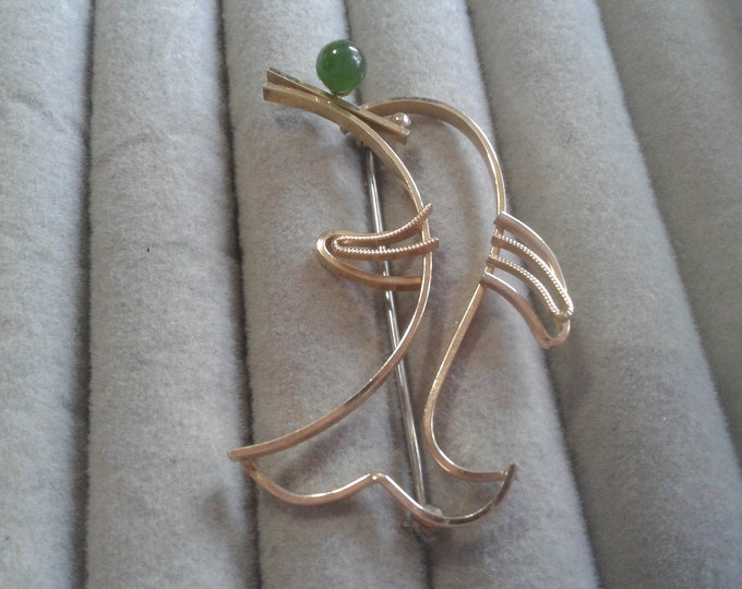 Krementz Goldfilled Dolphin or Porpoise Brooch with Nephrite Jade Ball, Signed, No Metal Mark