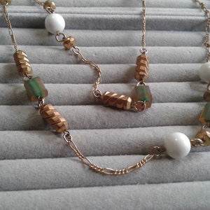 Cadoro Long Chain Necklace with Beaded Stations, Goldtone, Green and White, Signed