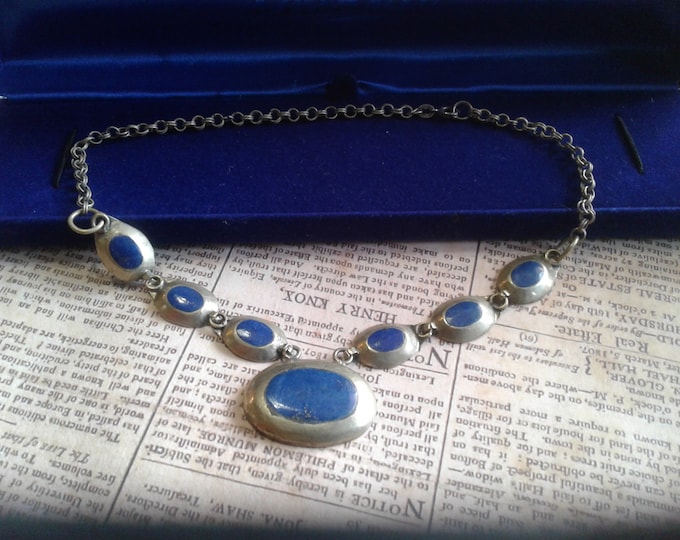Lapis Lazuli and Possible Sterling Modernist Necklace, 925 Tab, Small Neck
