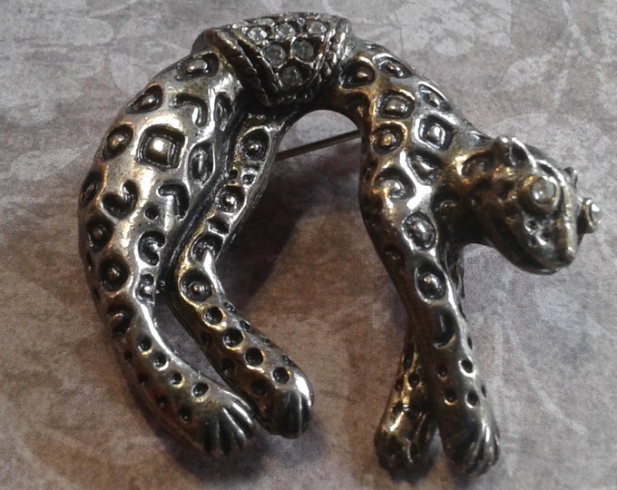 Bronzetone Leopard Brooch with Rhinestone Eyes and Saddle