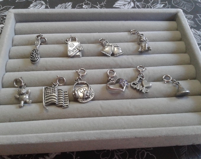 Small Spring Ring Charms, Your Choice, Hairbrush, Princess Diary, Shorts, Puppy, Teddy. Flag, CD Player, Heart, Camp, Hershey Kiss