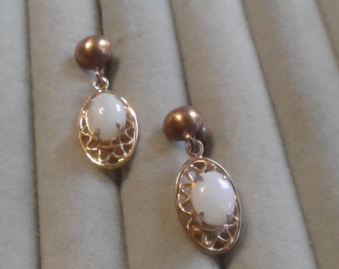 Oval White Opal Cabochon Victorian Revival Screwback Dangle Earrings