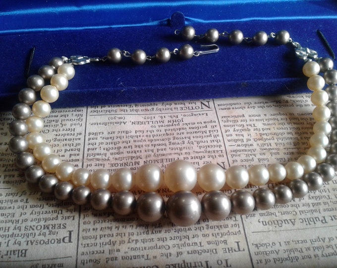 Midcentury Graduated Doublestrand of Cream and Mink Faux Pearls