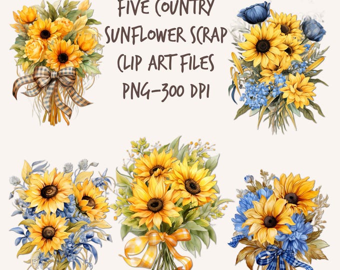 Five Country Sunflower Clip Art Scrap--PNG--300 DPI