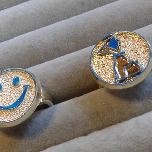 Goldtone and Blue Foil Plastic Toy Novelty Rings, Smiley Face or Beagle, Marked Hong Kong