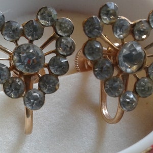 Art Deco Goldtone and Rhinestone Heart Shaped Screwback Earrings