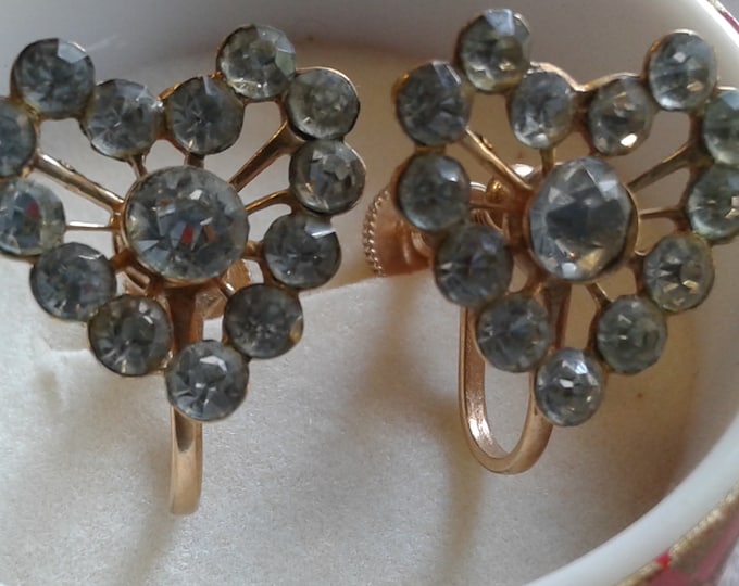 Art Deco Goldtone and Rhinestone Heart Shaped Screwback Earrings