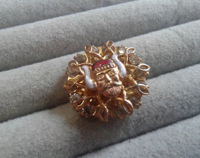 Small Midcentury Goldtone Rhinestone Viking Pin