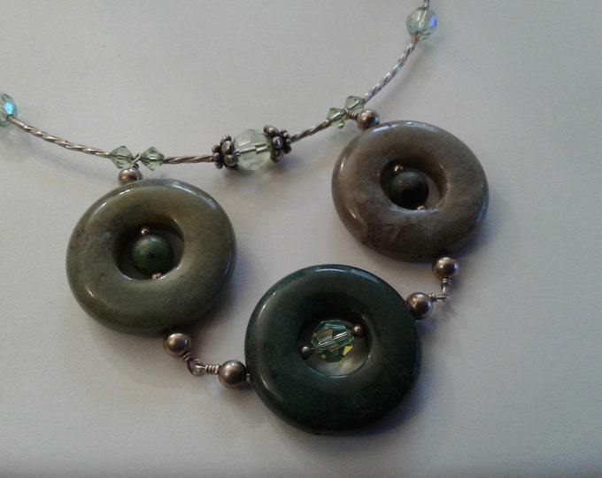 Vintage Artisan Beaded Silver Neckwire with Elaborate Green Crystal and Semi Precious Stone Dangle