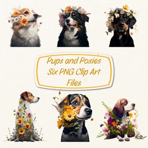Pups en Posies--Zes PNG Clip Art-bestanden--Commercieel gebruik--Instant Download