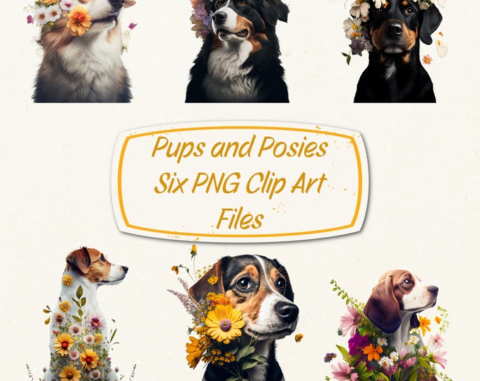 Pups and Posies--Six PNG Clip Art Files--Commercial Use--Instant Download