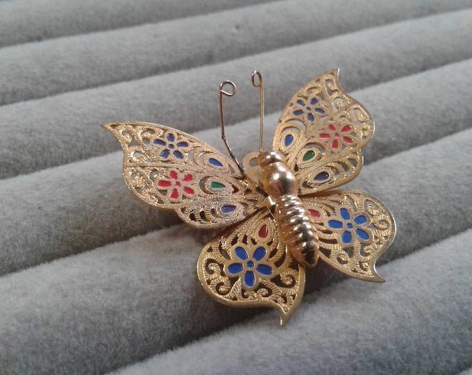 Small Goldtone Enamel and Filigree Butterfly Brooch