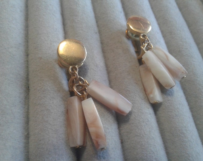 Crown Trifari Goldtone and Plastic Dangle Clip On Earrings, Signed