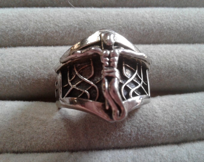 Silvertone Massive Base Metal Crucifix Ring with Crosses on Side, Size 12