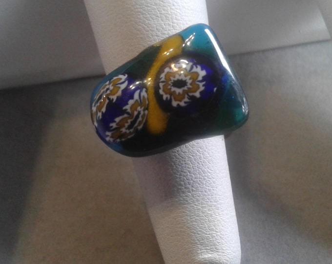 Brutalist Modernist Brass and Lampwork Art Glass Ring, Size 5