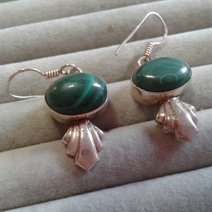 Sterling Silver and Malachite Artisan Made Drop Earrings, 925