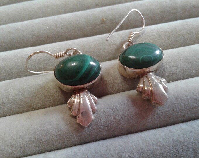 Sterling Silver and Malachite Artisan Made Drop Earrings, 925