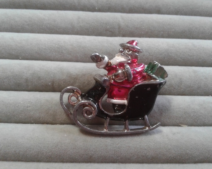Midcentury Slightly Creepy Santa in Sleigh, Enamel Paint on Silvertone
