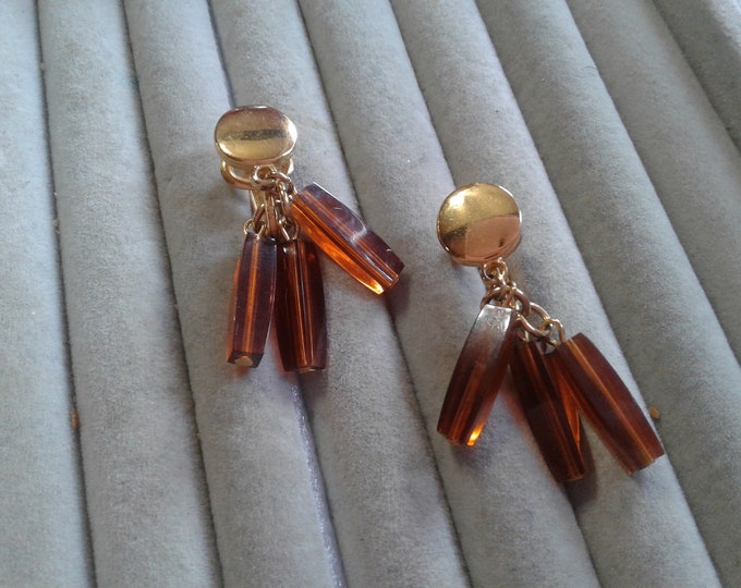 Crown Trifari Goldtone and Dangling Cognac Bead Clip On Earrings, Signed