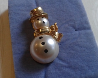 Small Faux Pearl Body Snowman with Goldtone Hat and Scarf and Painted Face and Buttons