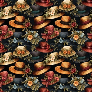 Victorian Hats Pattern: Seamless Vintage Floral Paper (Digital Download)