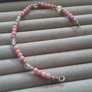 Vintage Handmade 1/20th 14 Karat Gold Filled Metal, Rock Crystal Hearts, and Pink Glass Beaded Bracelet