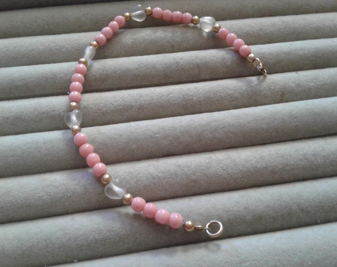 Vintage Handmade 1/20th 14 Karat Gold Filled Metal, Rock Crystal Hearts, and Pink Glass Beaded Bracelet