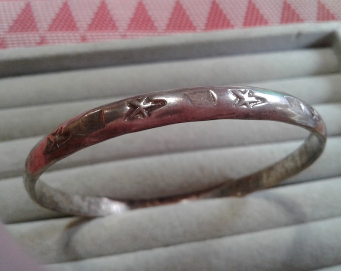 Sterling Silver Bangle with Stars and Polygons, Marked Sterling Mexico