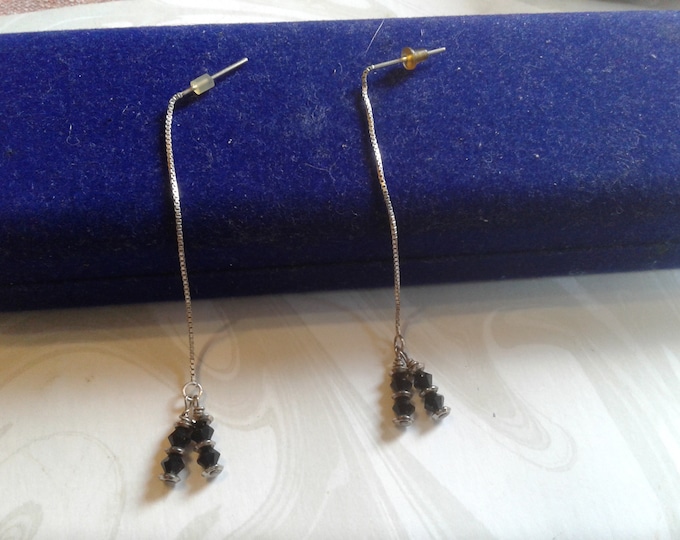 Sterling Silver and Black Bicone Crystal Beaded Dangle Threader Earrings, 925