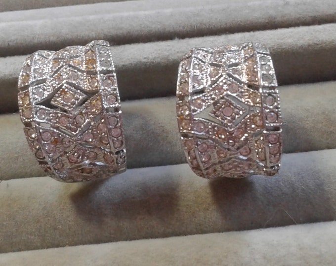 Ciro Pave Rhinestone French Clip Art Deco Revival Huggie Earrings, Signed