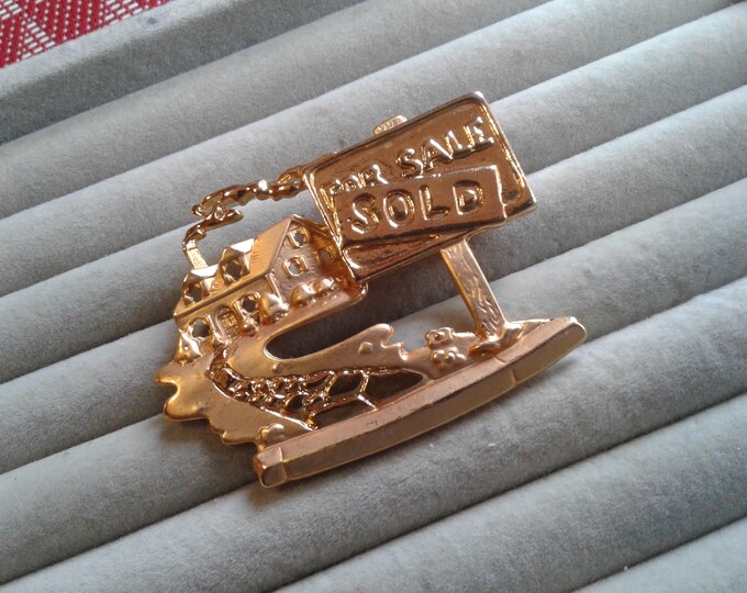 Real Estate Agent House with Sold Sign Matte and Shiny Goldtone Brooch
