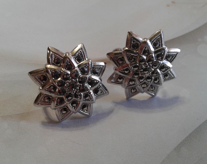 Sterling Silver and Marcasite Late Art Deco Snowflake/Floral/Sunburst Screwback Earrings, Marked