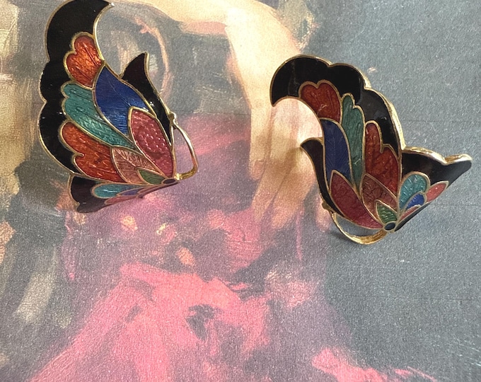 Exotic Cloisonné Enamel Post Back Dimensional Butterfly Earrings