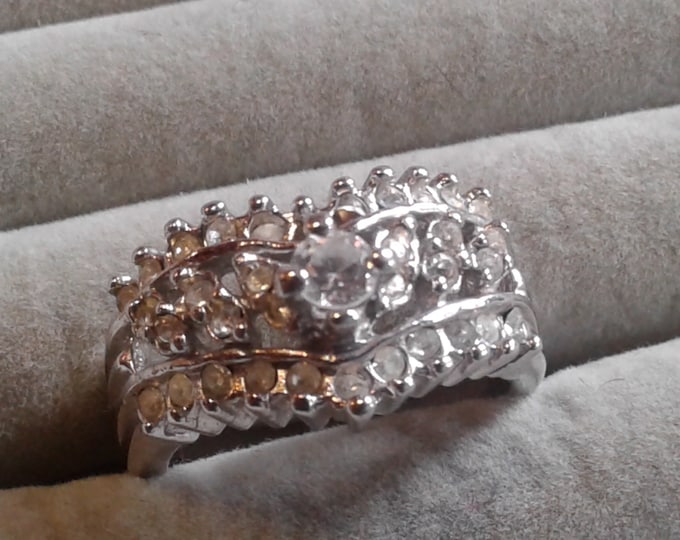 Aurora Cubic Zirconia and Crystal in Silvertone V-Band Style Engagement Ring, Signed, No Plate Mark, Size 8