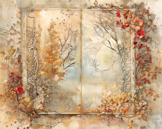 Vintage Autumn Lace Background/Junk Journal Pages to Print at Home, 10 Pages. 5 Sheets