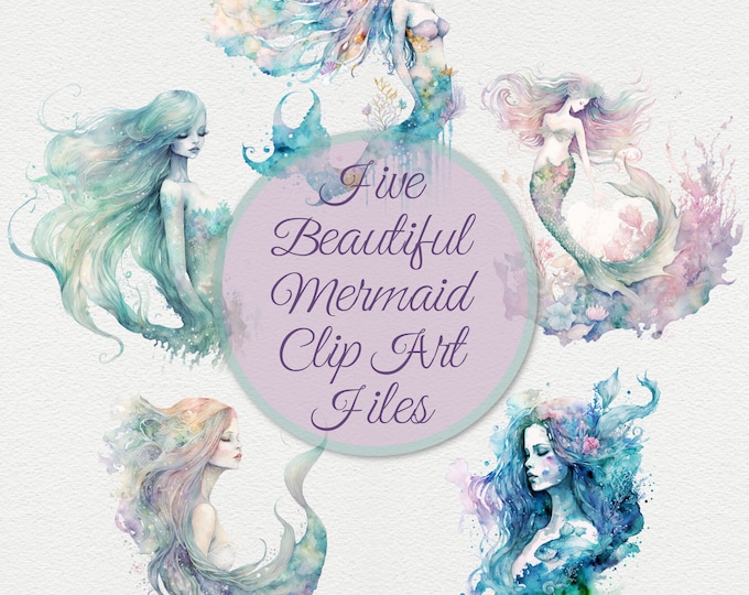 Five Beautiful Mermaid Clip Art Files--PNG--Instant Download--Commercial Use